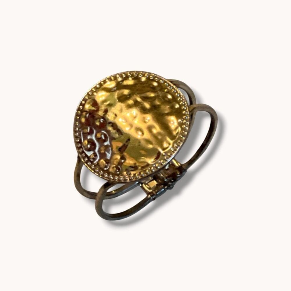 Hammered Gold Tone Disc Clamper Cuff Bracelet Boho